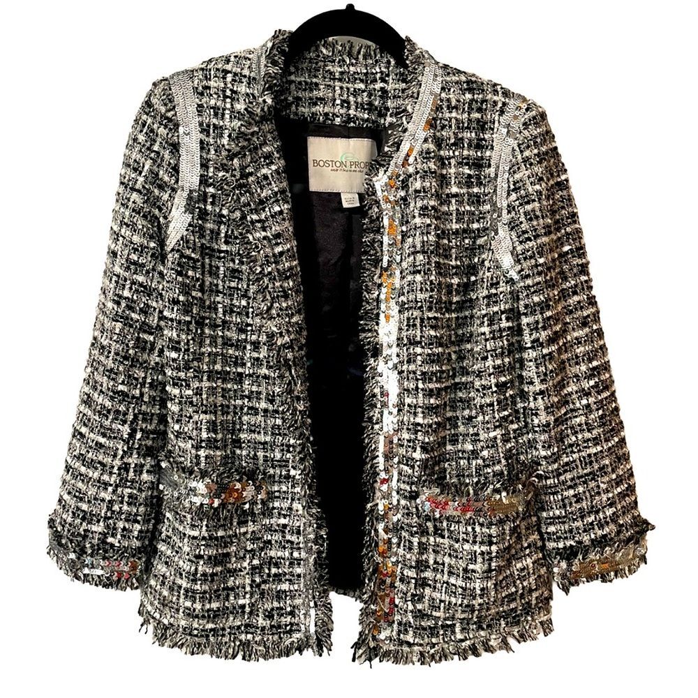 Boston Proper Size 4 Black & White Silver Sequins Shimmer Tweed Parisian Jacket